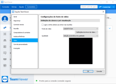 Captura de tela demonstrativa do TeamViewer em sua tela inicial, mostrando suas tela de configurações no menu 