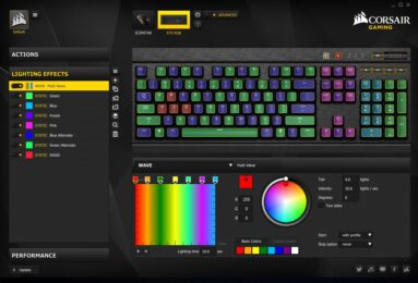 Captura de tela demonstrativa do iCUE: Corsair Utility Engine mostrando opções relacionadas à configuração do teclado, especificamente em relação às cores.