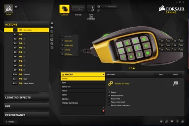 Captura de tela demonstrativa do iCUE: Corsair Utility Engine mostrando opções relacionadas à configuração do mouse.