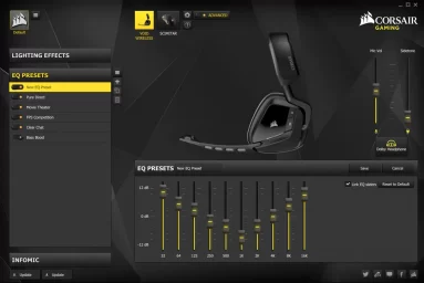 Captura de tela demonstrativa do iCUE: Corsair Utility Engine mostrando opções relacionadas à configuração do headset.
