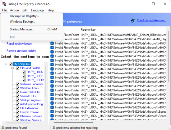 Eusing Free Registry Cleaner captura de tela 2 baixesoft