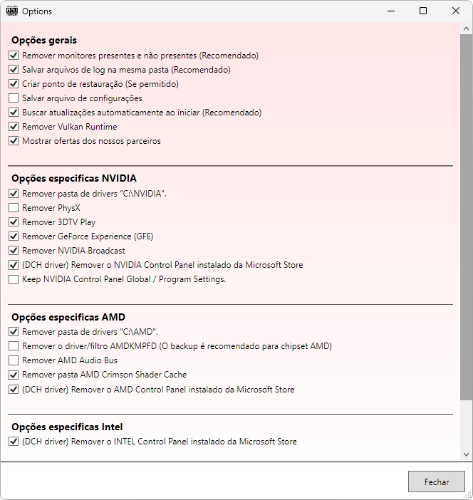 Menu de opcoes do DDU