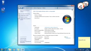 Captura de tela demonstrativa que mostra o o menu sistema do Windows 7 onde apareçam informações como a do processador do PC bem como a quantidade de memória RAM disponível.