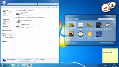 Captura de tela demonstrativa que mostra os widgets do Windows 7 bem como o 