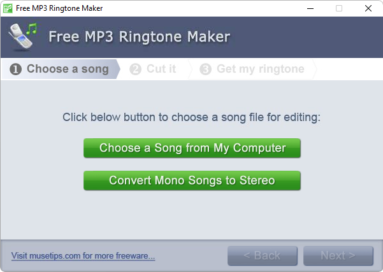 Captura de tela demonstrativa do Free MP3 Ringtone Maker mostrando sua tela com os botões para escolher um arquivo.