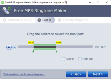 Captura de tela demonstrativa do Free MP3 Ringtone Maker mostrando a interface de corte de um arquivo sonoro.