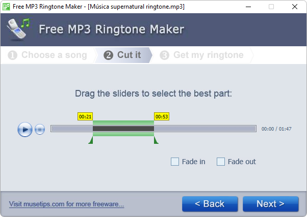 Captura de tela demonstrativa do Free MP3 Ringtone Maker mostrando a interface de corte de um arquivo sonoro.
