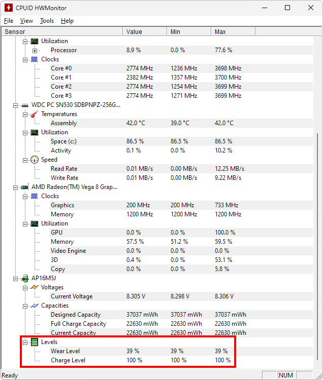 Nivel de desgaste da bateria em destaque HWMonitor