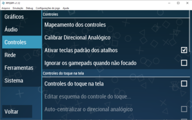 Captura de tela do painel de configurações do PPSSPP abera em sua aba 