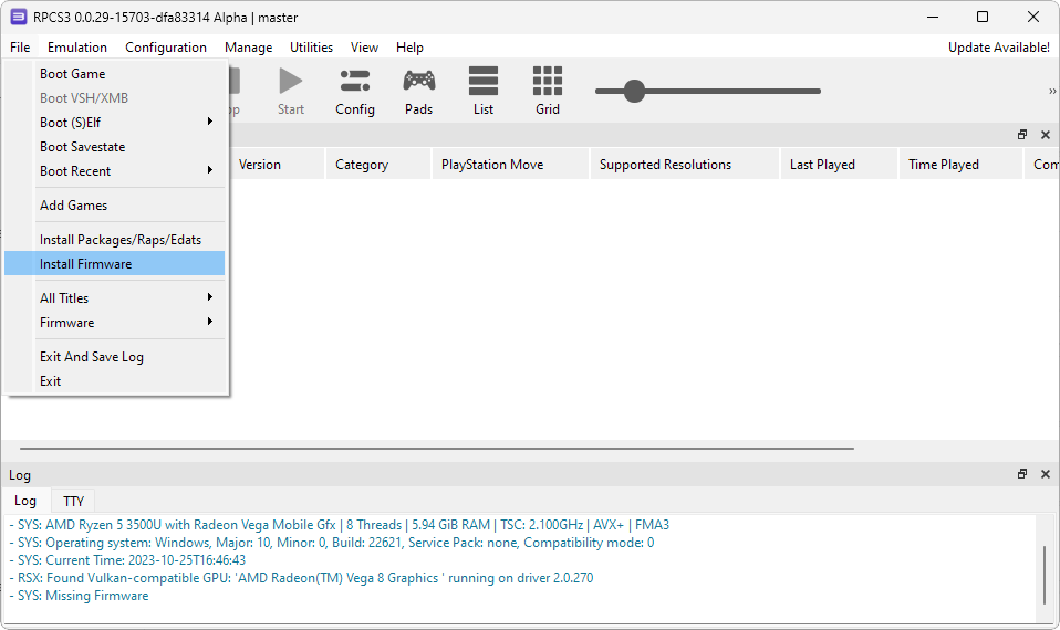 Captura de tela do RPCS3 que destaca a opção de instalar firmware, a opção "Install Firmware".