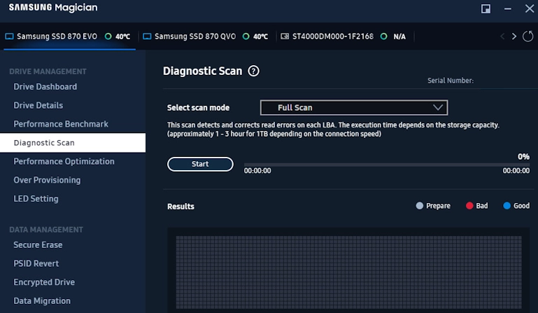 Samsung SSD Magician diagnostic scan captura de tela