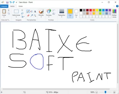 Captura de tela que demonstra o uso do paint clássico no Windows 11. Está escrito com a ferramenta de lápis do paint a palavra BAIXESOFT PAINT.