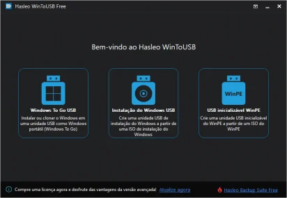 Captura de tela que mostra a tela inicial de opções do WinToUSB.