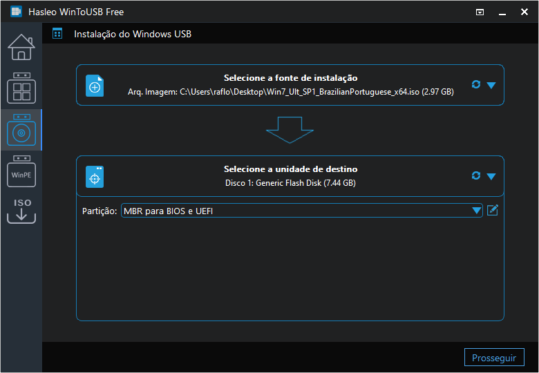 Captura de tela que mostra a opção do WinToUSB, para criar um dispositivo USB inicializável