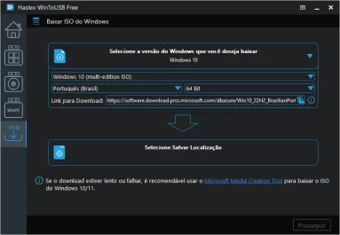 Captura de tela do WinToUSB mostrando a opção para baixar uma ISO do Windows.