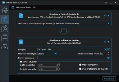 Captura de tela do WinToUSB mostrando a opção para configurar um dispositivo como instalador de Windows To Go.