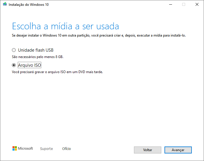 Escolha a midia a ser usada windows 10 media creation tool