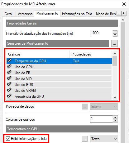 Propriedades monitoramento MSI Afterburner
