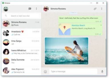 Captura de tela demonstrativa do WhatsApp para Windows. O exemplo mostra a interface de chat com mensagens e contatos.