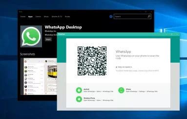 Captura de tela demonstrativa do Captura de tela demonstrativa do WhatsApp para Windows mostrando sua tela de integração com o portátil na qual é necessário apontar o portátil para o código QR.