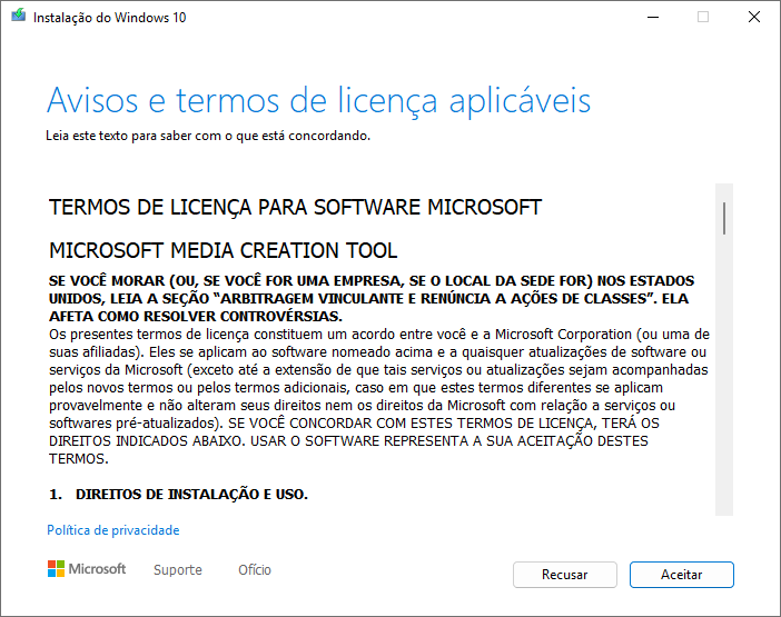 Windows 10 media creation tool termos de uso