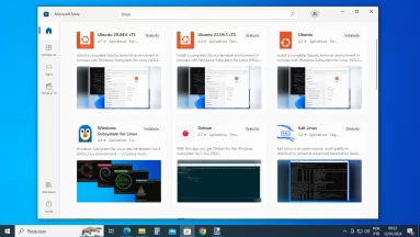Captura de tela demonstrativa do Windows 10 mostrando a loja da Microsoft Store aberta. A finalidade dessa captura é mostrar as distribuições Linux disponíveis para instalação no WSL do sistema.