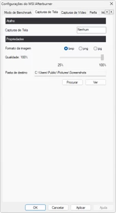 Menu de configurações aberto na aba Captura de tela do MSI Afterbruner.