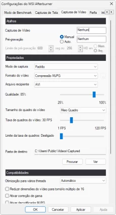 Menu de configurações aberto na aba Captura de vídeo do MSI Afterbruner.