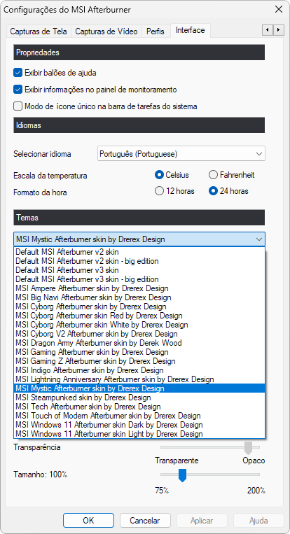 Configuracoes da interface do MSI Afterburner