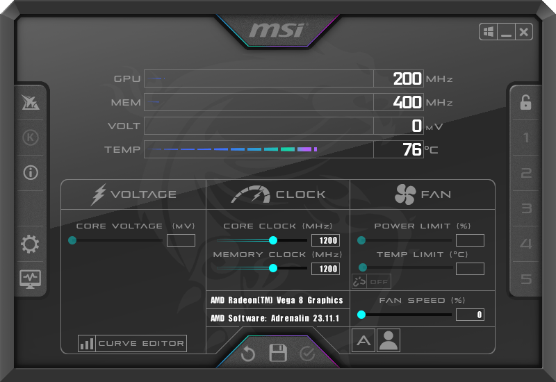 Interface de apresentacao do MSI Afterburner