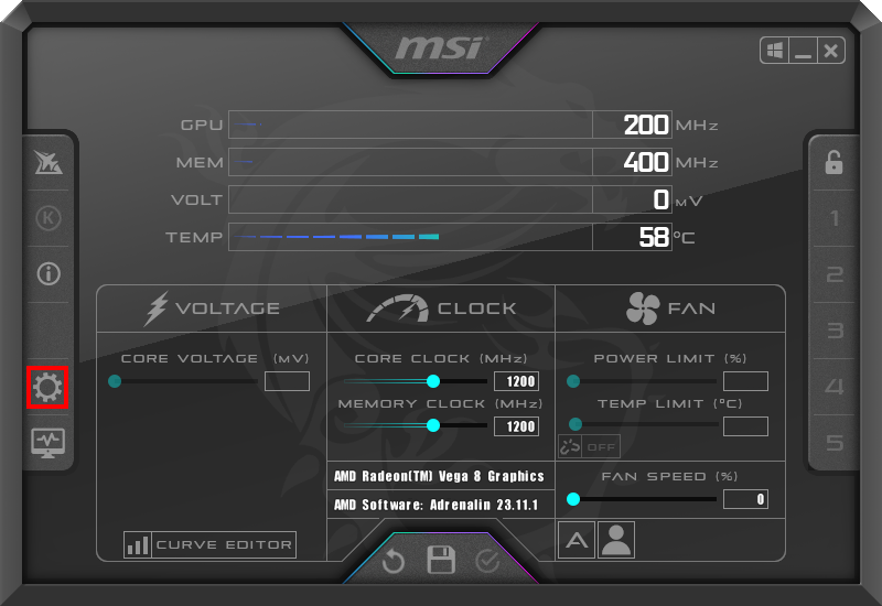 Interface principal de apresentação do MSI Afterburner com destaque para seu ícone de configurações