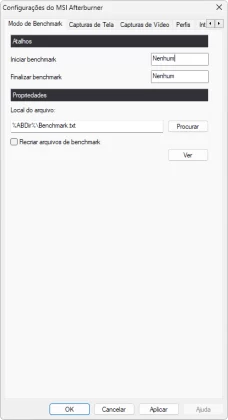 Menu de configurações aberto na aba mmodo de benchmark do MSI Afterbruner.