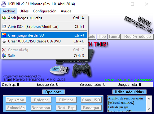 Captura de tela do USBUtil que mostra as opções do menu Archivo que está aberto.