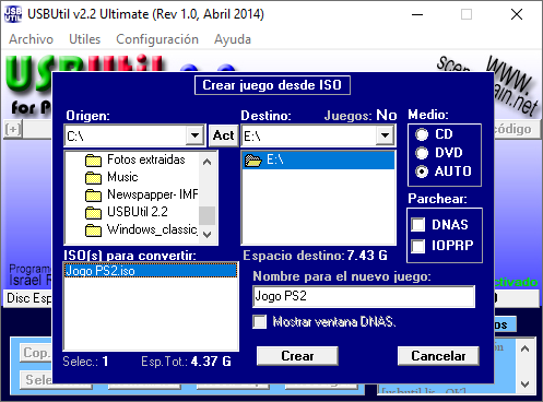 Captura de tela do USBUtil que mostra o menu "Crear juego desde ISO".