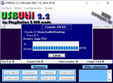 Captura de tela do USBUtil que mostra um jogo sendo processado com o programa.
