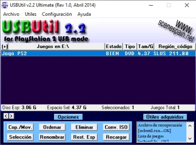 Captura de tela do USBUtil com um jogo de PS2 selecionado.
