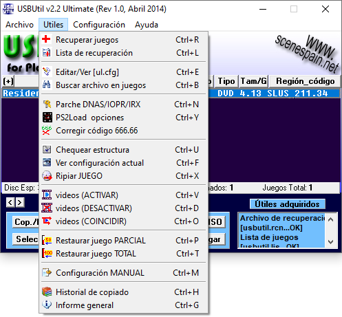 Captura de tela do USBUtil que mostra o menu Utiles aberto.
