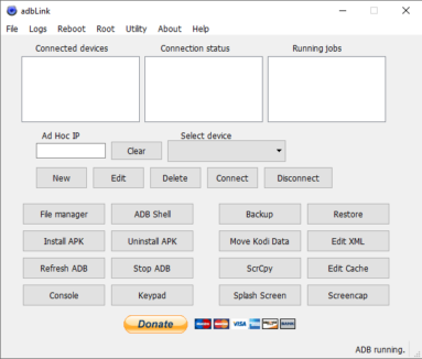 Captura da tela inicial do AdbLink listando todas as suas funcionalidades.