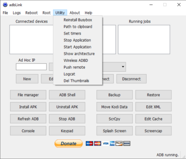 Captura da tela inicial do AdbLink listando todas as suas funcionalidades. O menu 