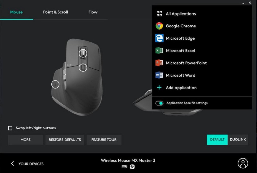 Captura de tela demonstrativa do Logitech Options. Ela mostra o destaque para configurações automatizadas com o mouse, mostrando sua integração com programas do Windows.