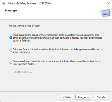 Captura de tela demonstrativa do Verificador de Segurança da Microsoft mostrando suas opções de escaneamento.