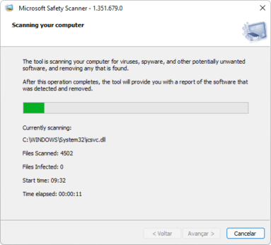Captura de tela demonstrativa do Verificador de Segurança da Microsoft mostrando sua tela de escaneamento em progresso.