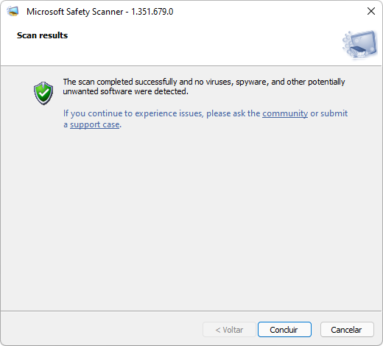 Captura de tela demonstrativa do Verificador de Segurança da Microsoft mostrando sua tela ao final do escaneamento.