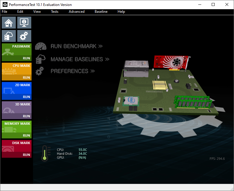 Captura de tela do Passmark PerformanceTest em seu menu de teste. Ele está exibindo algumas informações em tempo real, como a temperatura da CPU.