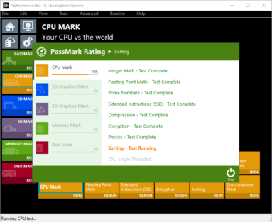 Captura de tela do Passmark PerformanceTest exibindo sua tela de testes.