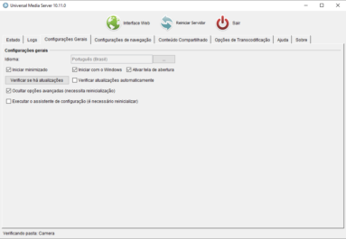 Captura de tela do Universal Media Server que mostra as opções disponíveis dentro da aba 