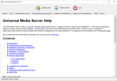 Captura de tela do Universal Media Server que mostra sua aba 