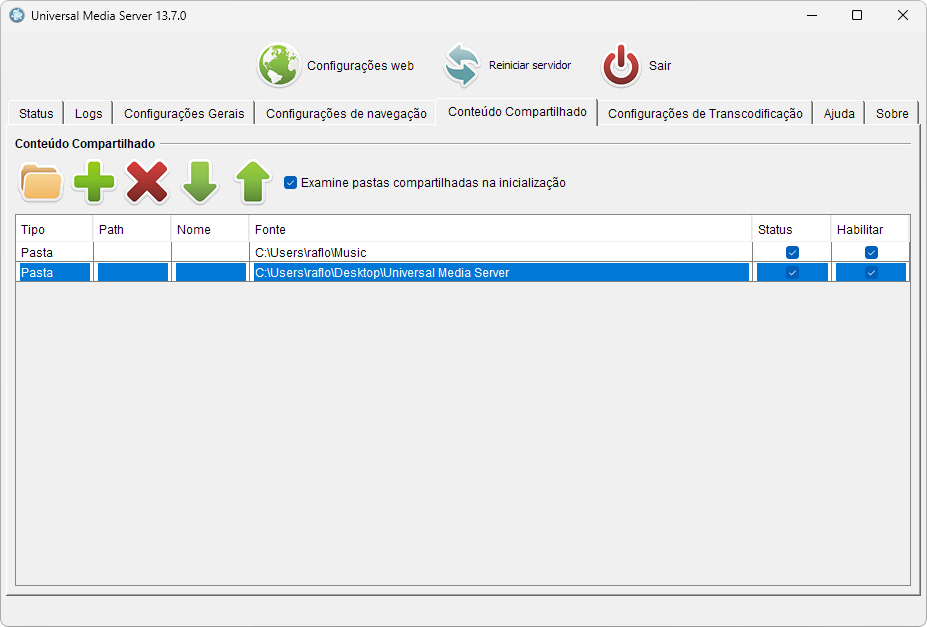 Captura de tela do Universal Media Server que mostra a aba de "Conteúdo compartilhado" que é onde se configura os arquivos e pastas a serem compartilhados na rede DLNA do programa.