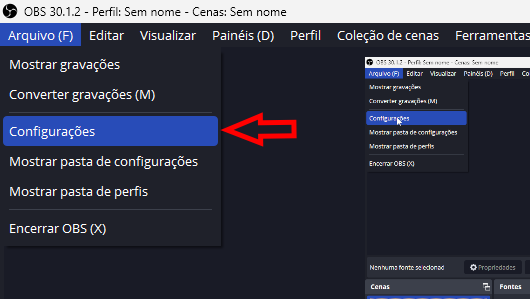 Acesso ao menu de configuracoes do OBS Studio captura de tela