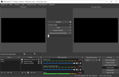 Captura de tela do OBS Studio que mostra seu painel de uso no modo estúdio.